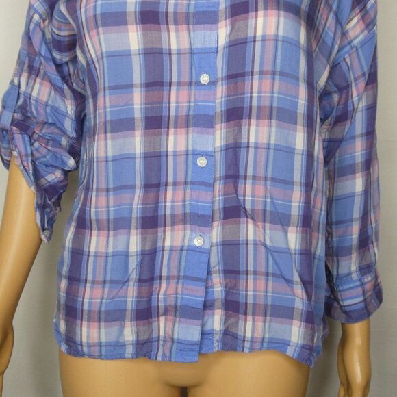 Black by Moussy Plaid Button Up Tab Sleeve Shirt Blue Pink Lighyweight - Picture 3 of 9